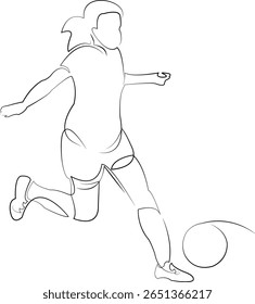 Um desenho de linha contínua sobre fundo branco isolado. Minimalismo linear ilustração. futebol, esporte, atleta, chutar, jogando, pessoa, adulto, bola de futebol, mulher, movimento