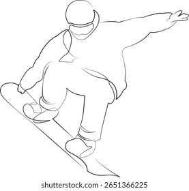 One continuous line drawing on white isolated background. Minimalism linear illustration. snow, snowboard, winter, sky, snowboarding, mountain, sport, outdoors, vacation, man, jump