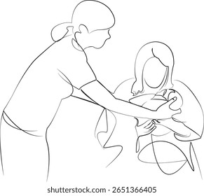 One continuous line drawing on white isolated background. Minimalism linear illustration. mother, baby - human age, newborn, nurse, doctor, newborn in arms, childbirth, hospital