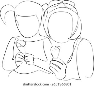Um desenho de linha contínua sobre fundo branco isolado. Minimalismo ilustração linear. criança, mãe, filha, família, diversão, comer, sorvete, sobremesa, amor