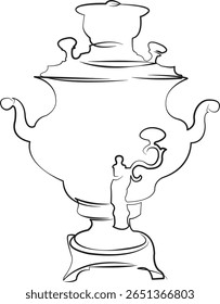 Un dibujo de línea continua sobre fondo aislado blanco. Ilustración lineal de minimalismo. samovar, decoración, bebida, metal, antiguo, viejo, té, cultura, tradicional, tradición