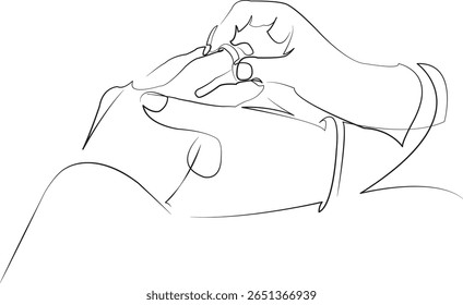 Um desenho de linha contínua sobre fundo branco isolado. Minimalismo ilustração linear. pessoa, casamento, mão, noiva, romance, cerimônia, homem, mulher, dedo, esposa, anel