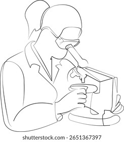 Um desenho de linha contínua sobre fundo branco isolado. Minimalismo ilustração linear. laboratório, microscópio, ciência, cientista, adulto, pesquisa, mulher, química, biotecnologia