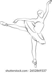 Um desenho de linha contínua sobre fundo branco isolado. Minimalismo ilustração linear. bailarina, pessoa, mulher, dançarina, balé, dança, menina, de pé, elegância