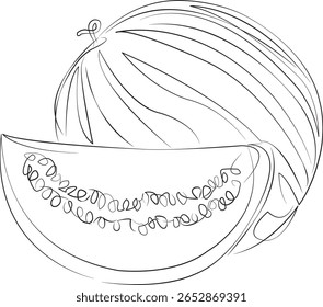 Um desenho de linha contínua sobre fundo branco isolado. Minimalismo ilustração linear. melancia, fruta, suculento, comida, lanche, verde, vermelho, fundo, verão, maduro