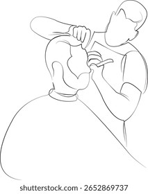 One continuous line drawing on white isolated background. Minimalism linear illustration. hairdresser, man, service, male, person, adult, barber, client, scissors, beard