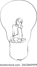 One continuous line drawing on white isolated background. Minimalism linear illustration. person, electric lamp, illuminated, indoor, night, concept, girl in the lamp