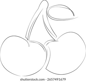 One continuous line drawing on white isolated background. Minimalism linear illustration. cherry, fruit, red, ripe, juicy, food, studio shot, nature, food and drink, dessert