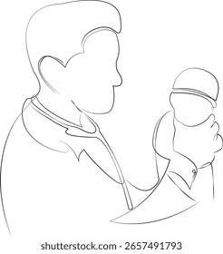 Eine durchgehende Linienzeichnung auf weißem, isoliertem Hintergrund. Minimalismus lineare Illustration. Neugeborenes, Krankenhaus, Arzt, Pflege, Geburt, Krankenschwester, Baby - menschliches Alter, Medizin