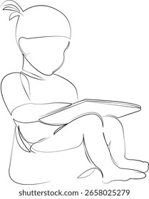 One continuous line drawing on white isolated background. Minimalism linear illustration. child, girl, sitting, childhood, baby, little, person, tablet, potty, education