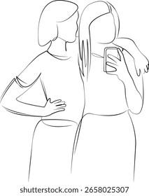 One continuous line drawing on white isolated background. Minimalism linear illustration. friendship, communication, woman, mobile phone, talking, happiness, fun