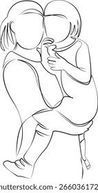 One continuous line drawing on white isolated background. Minimalism linear illustration. mother, child, daughter, family, woman, girl, female, smiling, childhood