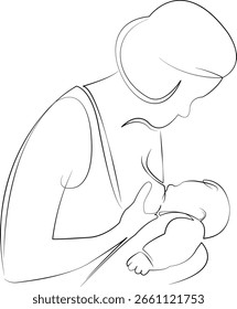 Um desenho de linha contínua sobre fundo branco isolado. Minimalismo ilustração linear. mãe, filhos, cuidado, mulher, recém-nascido, aleitamento materno, família, alimentação, leite, amor