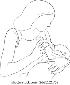 Eine durchgehende Linienzeichnung auf weißem, isoliertem Hintergrund. Minimalismus lineare Illustration. mutter, fütterung, flasche, neugeborene, pflege, familie, lifestyle, zusammengehörigkeit, baby, liebe