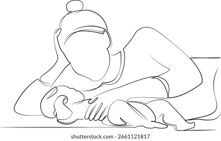 One continuous line drawing on white isolated background. Minimalism linear illustration. mother, newborn, family, children, care, childhood, cute, bonding, lying on back