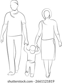 Un dibujo de línea continua sobre fondo aislado blanco. Ilustración lineal de minimalismo. niño, padre, madre, persona, familia, niño, caminar, hombre, hombre, mano
