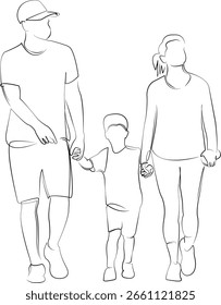 Um desenho de linha contínua sobre fundo branco isolado. Minimalismo ilustração linear. criança, pai, mãe, pessoa, família, menino, filho, andando, homem, mulher
