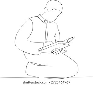 Un dibujo de línea continua sobre fondo aislado blanco. Minimalismo ilustración lineal. adolescente, niños, corán, musulmán, religioso, adoración, ramadán, estilo de vida, oración, niño