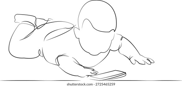 One continuous line drawing on white isolated background. Minimalism linear illustration. children, phone, baby, little, toddler, mobile, playing, smartphone, infant, game