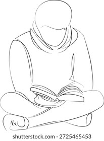 One continuous line drawing on white isolated background. Minimalism linear illustration. man, book, person, young, reading, male, sitting, lifestyle, casual attire, study