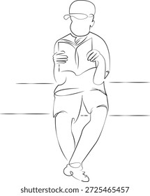 Un dibujo de línea continua sobre fondo aislado blanco. Ilustración lineal de minimalismo. libro, lectura, niño, educación, niños, aprendizaje, gorra, estudiante, cognición, escuela