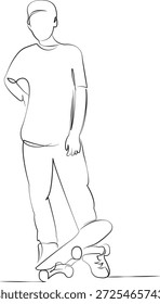 Un dibujo de línea continua sobre fondo aislado blanco. Minimalismo ilustración lineal. niños, persona, niño, monopatín, estilo de vida, adolescente, juventud, deporte, urbano, verano