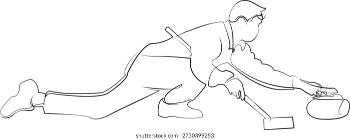Un dibujo de línea continua sobre fondo aislado blanco. Ilustración lineal de minimalismo. juego, deporte, curling, hombre, hielo, invierno, competencia, atleta, jugador, pista