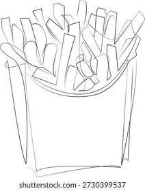 Um desenho de linha contínua sobre fundo branco isolado. Minimalismo ilustração linear. batatas fritas, batata, comida, batatas fritas, fast food, frito, lanche, ouro, não saudável, refeição