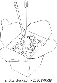 Un dibujo de línea continua sobre fondo aislado blanco. Ilustración lineal de minimalismo. cena, chino, palillo, fideos, asiático, caja, comida, comida, comida para llevar, cocina