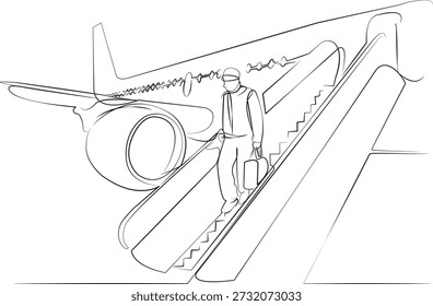 One continuous line drawing on white isolated background. Minimalism linear illustration. person, man, aeroplane, stair, travel, journey, male, plane, aerodrome, flight