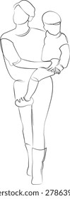 One continuous line drawing on white isolated background. Minimalism linear illustration. children, mother, son, boy, family, love, childhood, person, little, eltern