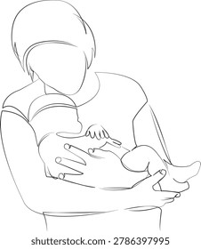 One continuous line drawing on white isolated background. Minimalism linear illustration. mother, children, hug, woman, newborn, love, care, eltern, baby, family