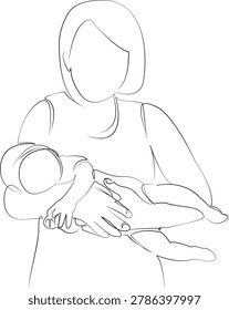 One continuous line drawing on white isolated background. Minimalism linear illustration. mother, children, love, motherhood, baby, family, woman, eltern, infant, newborn