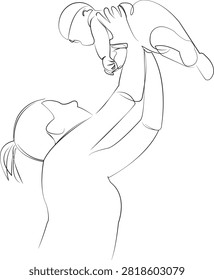 One continuous line drawing on white isolated background. Minimalism linear illustration. children, mother, up, baby, family, woman, eltern, happiness, love, person