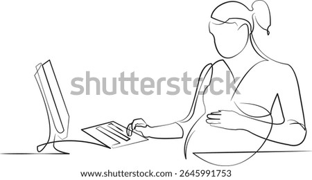 One continuous line drawing on white isolated background. Minimalism linear illustration. person, mother, office, pregnant, businesswoman, working, business, technology, confidence, indoor