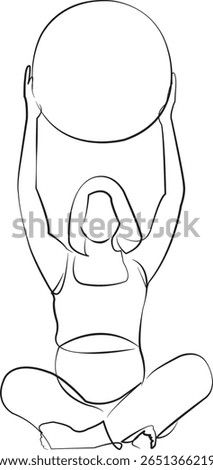 One continuous line drawing on white isolated background. Minimalism linear illustration. person, pregnant, woman, sport, healthy lifestyle, exercises, ball, health