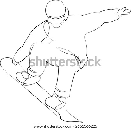 One continuous line drawing on white isolated background. Minimalism linear illustration. snow, snowboard, winter, sky, snowboarding, mountain, sport, outdoors, vacation, man, jump