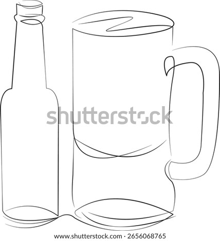 One continuous line drawing on white isolated background. Minimalism linear illustration. drink, bottle, gold, pub, beer, mug, cold, liquid, lager, alcohol