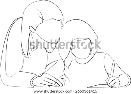 One continuous line drawing on white isolated background. Minimalism linear illustration. mother, child, daughter, family, woman, education, person, female, homework, childhood