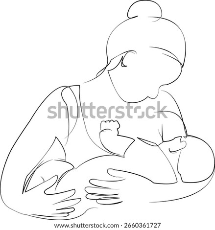 One continuous line drawing on white isolated background. Minimalism linear illustration. mother, newborn, care, family, woman, bonding, togetherness, feeding, breastfeeding
