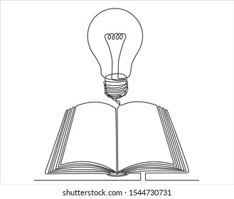 One continuous line drawing of Open book with light bulb. Concept of education, ideas and understanding.