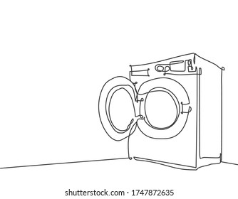 One continuous line drawing of open front door washing machine electric home appliance. Electricity household gadget template concept. Trendy single line draw design vector graphic illustration