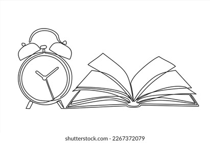 Un plano de línea continuo de libro abierto y reloj despertador. Concepto de escritorio de espacio de estudio. Ilustración vectorial de diseño de líneas simples