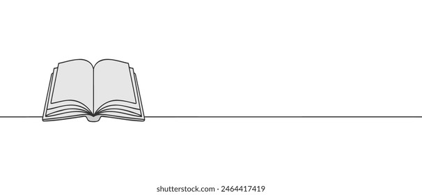 One continuous line drawing of open book. Student concept.. Study space desk concept.