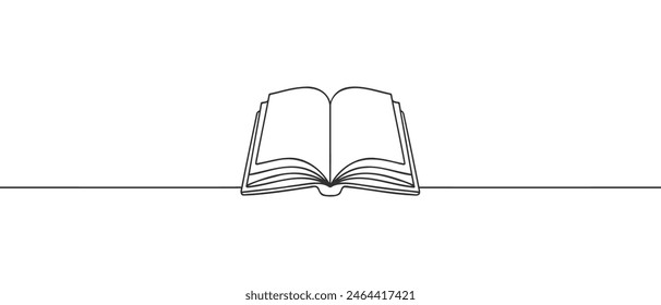 One continuous line drawing of open book. Student concept.. Study space desk concept.
