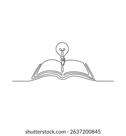 One continuous line drawing of an open book with flowing knowledge becomes a lamp of ideas vector illustration. National development themes design in simple linear concept. Suitable for your asset.