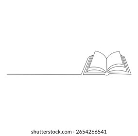 One continuous line drawing of an open book. The concept of education studies and knowledge libraries in a simple linear style. Editable strokes. Scribble vector illustration.