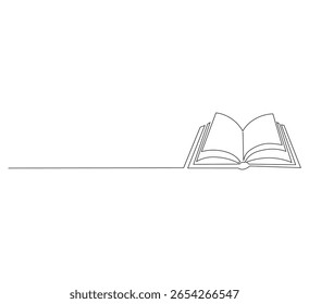 One continuous line drawing of an open book. The concept of education studies and knowledge libraries in a simple linear style. Editable strokes. Scribble vector illustration.