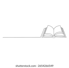 One continuous line drawing of an open book. The concept of education studies and knowledge libraries in a simple linear style. Editable strokes. Scribble vector illustration.