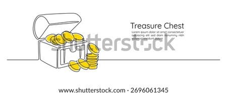 One continuous line drawing an open Treasure Chest. Pirates wooden box with golden coins in simple linear style. Full old money in Editable stroke. Doodle outline vector illustration